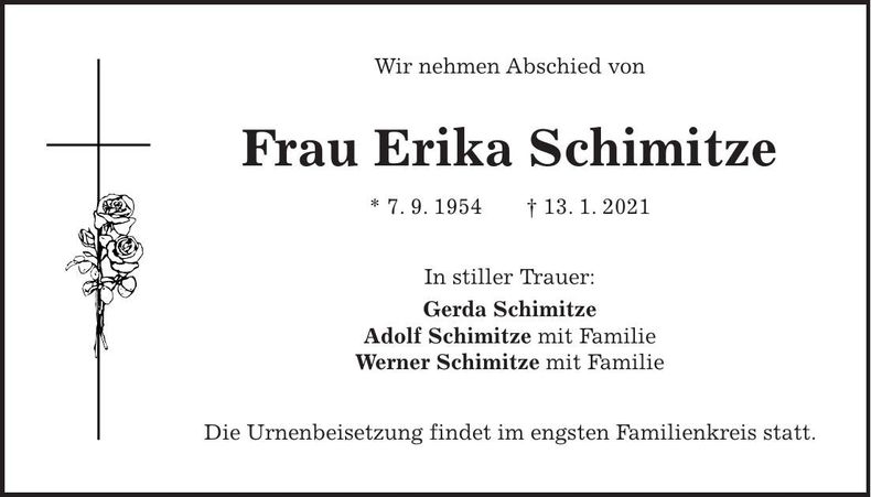 Traueranzeige Erika Schimitze