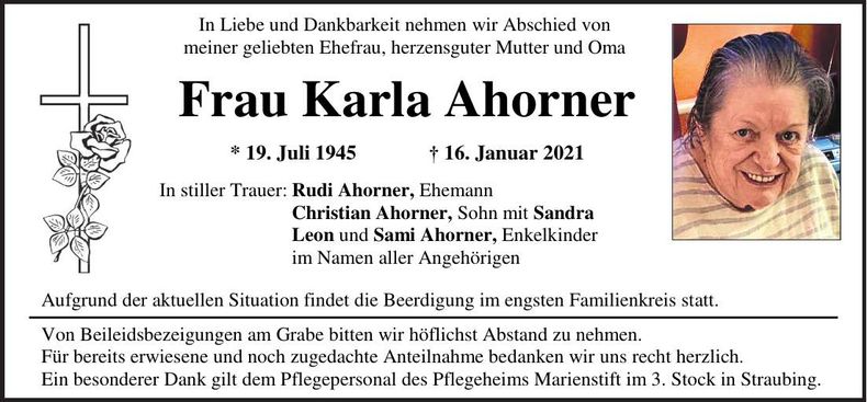 Traueranzeige Karla Ahorner