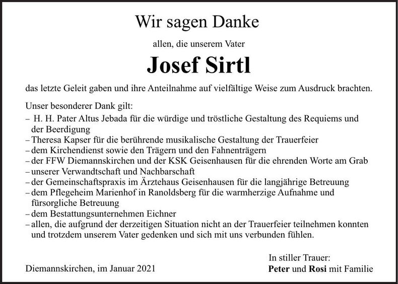 Traueranzeige Josef Sirtl