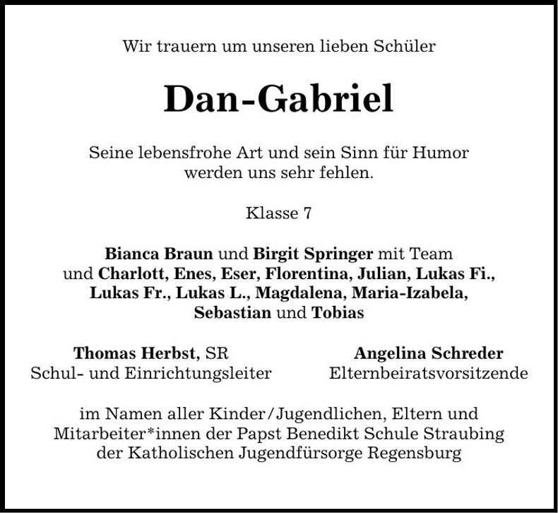 Traueranzeige Dan Gabriel
