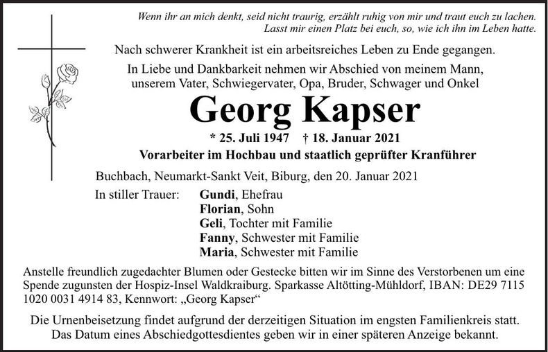 Traueranzeige Georg Kapser