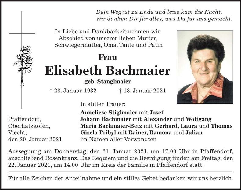Traueranzeige Elisabeth Bachmaier