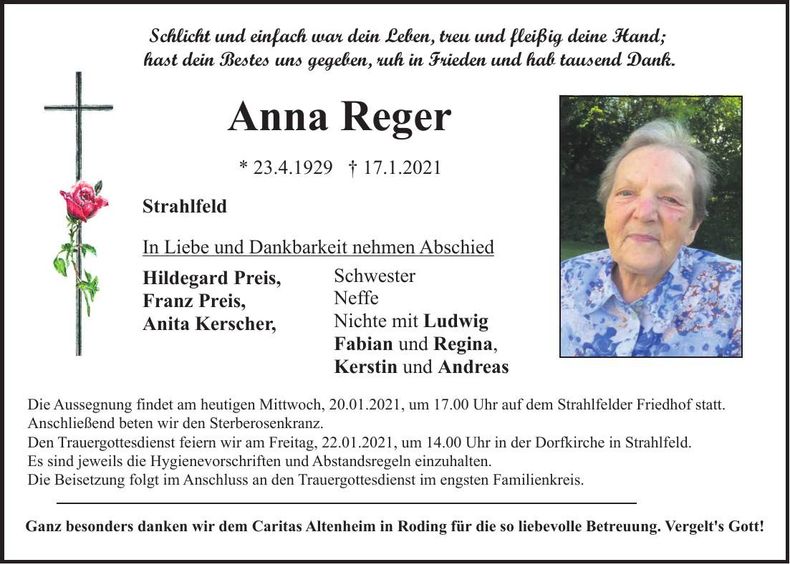 Traueranzeige Anna Reger