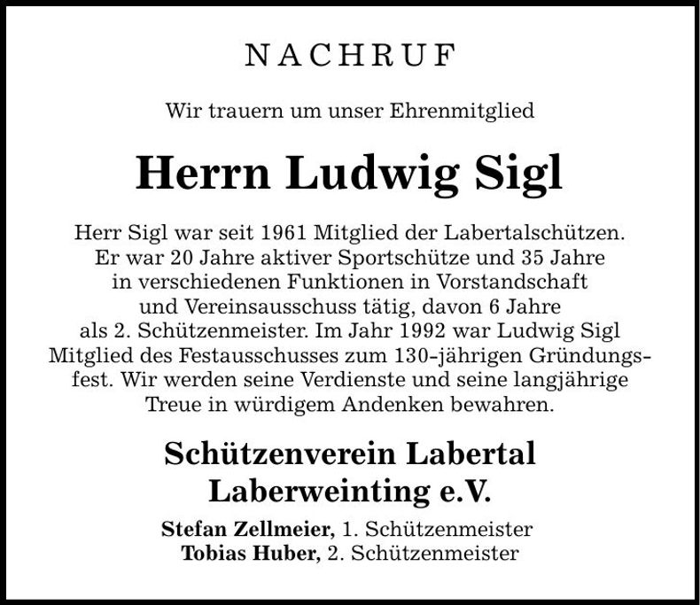 Traueranzeige Ludwig Sigl