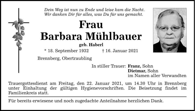 Traueranzeige Barbara Mühlbauer