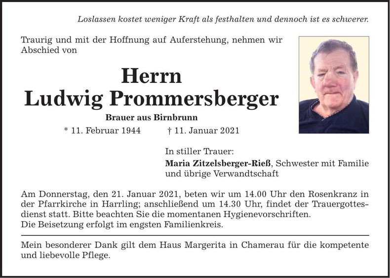 Traueranzeige Ludwig Prommersberger