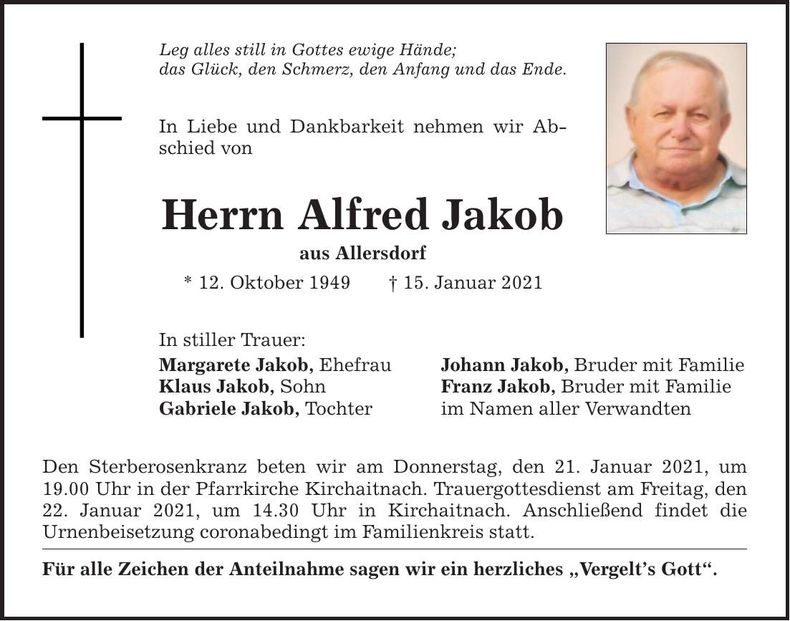 Traueranzeige Alfred Jakob