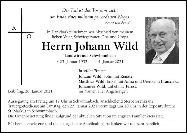 Traueranzeige Johann Wild