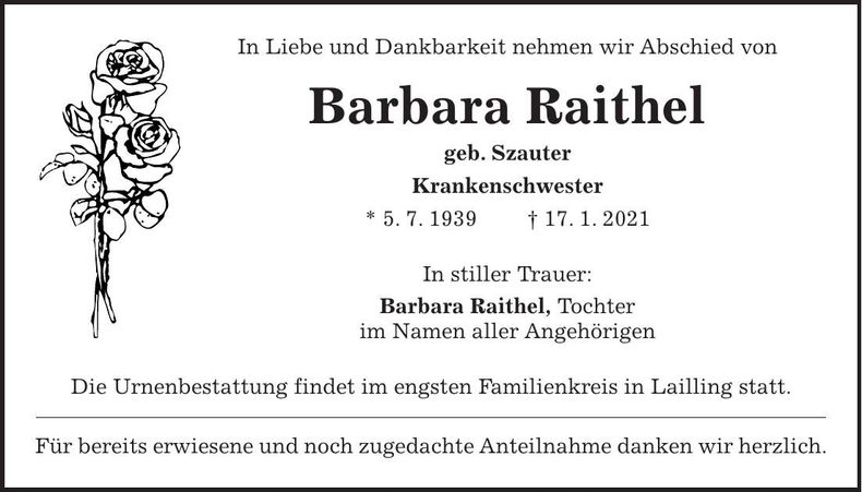 Traueranzeige Barbara Raithel