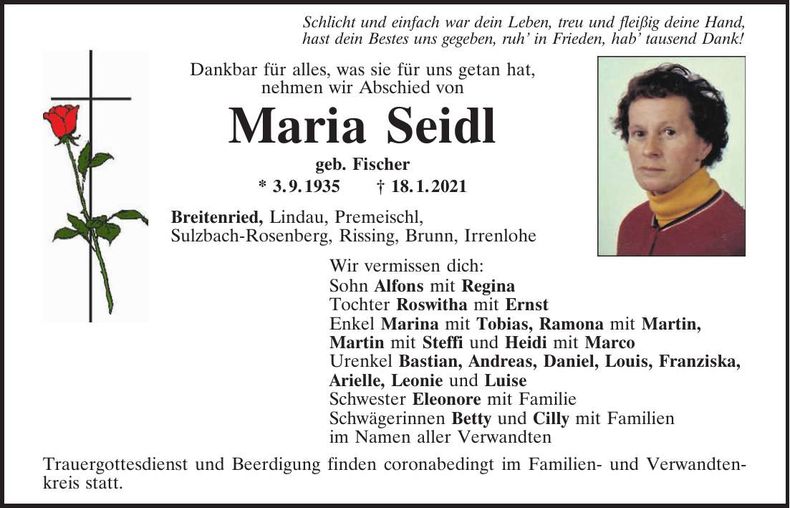Traueranzeige Maria Seidl