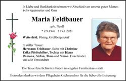 Traueranzeige Maria Feldbauer
