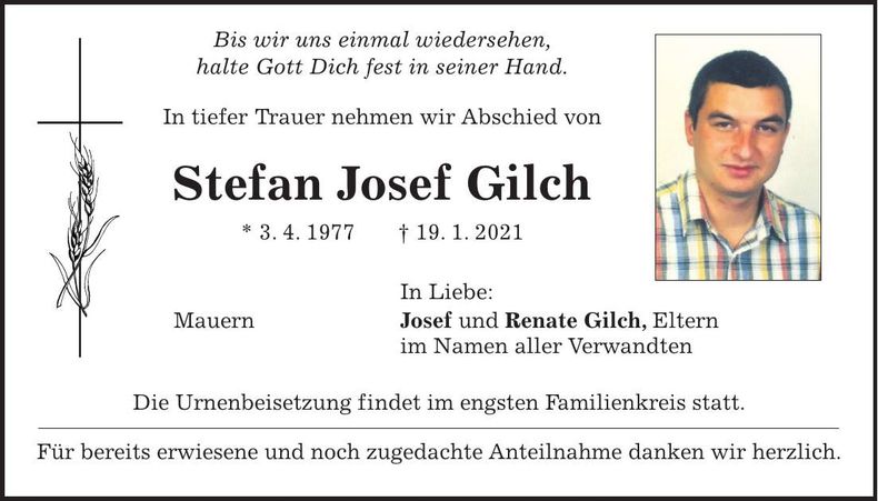 Traueranzeige Stefan Josef Gilch