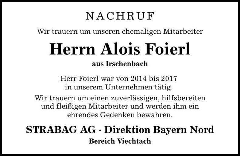 Traueranzeige Alois Foierl