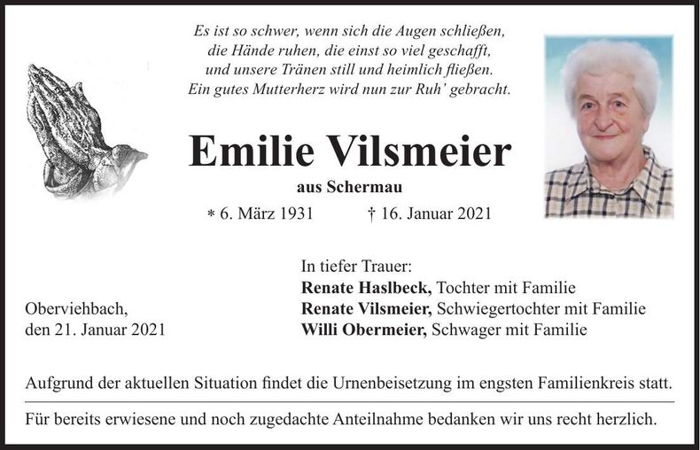 Traueranzeige Emilie Vilsmeier