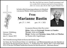 Traueranzeige Marianne Bastin