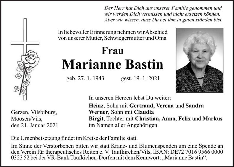 Traueranzeige Marianne Bastin