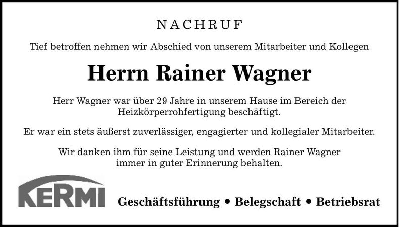 Traueranzeige Rainer Wagner
