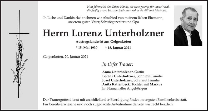 Traueranzeige Lorenz Unterholzner