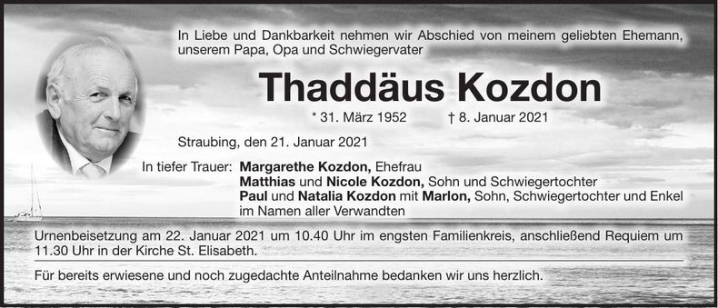 Traueranzeige Thaddäus Kozdon