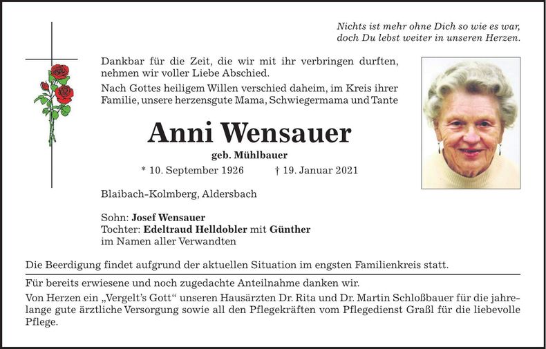 Traueranzeige Anni Wensauer