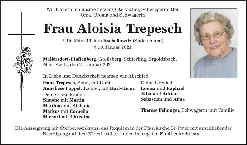Traueranzeige Aloisia Trepesch