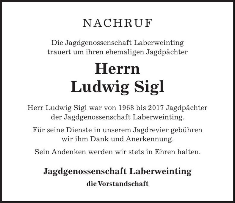 Traueranzeige Ludwig Sigl