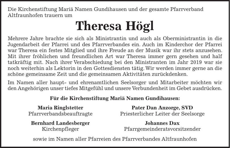 Traueranzeige Theresa Högl