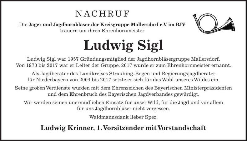 Traueranzeige Ludwig Sigl