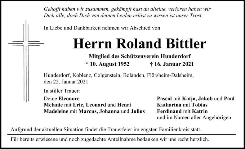 Traueranzeige Roland Bittler