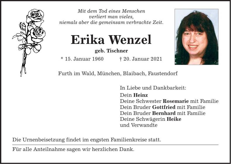 Traueranzeige Erika Wenzel