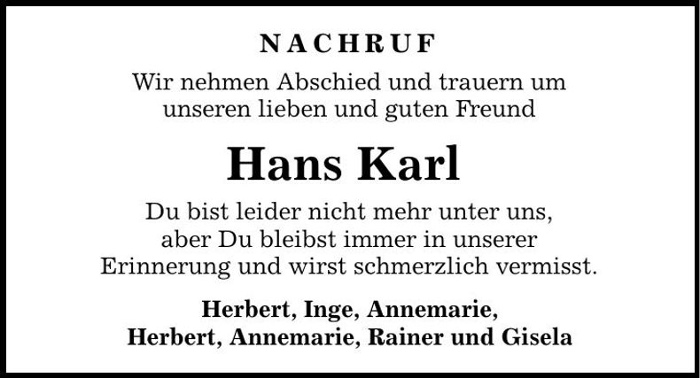 Traueranzeige Karl Johann