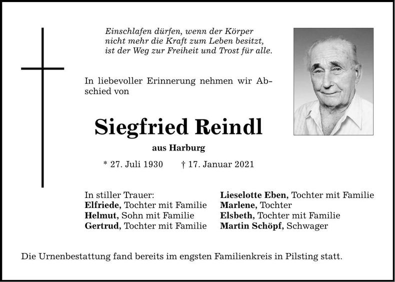 Traueranzeige Siegfried Reindl