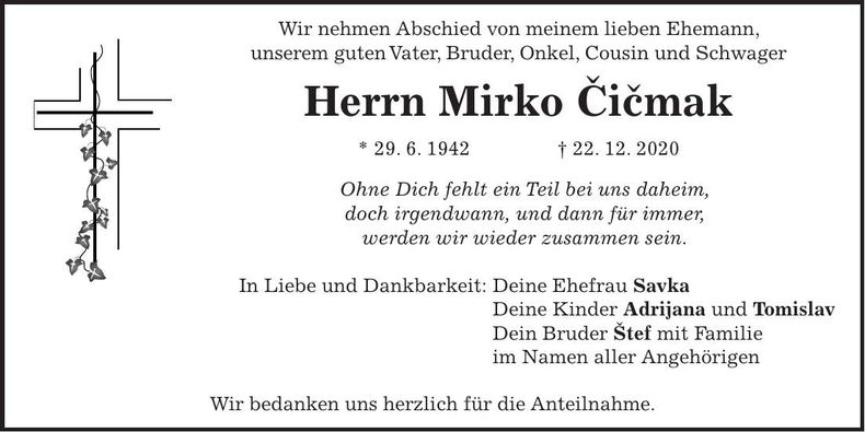 Traueranzeige Mirko Cicmak
