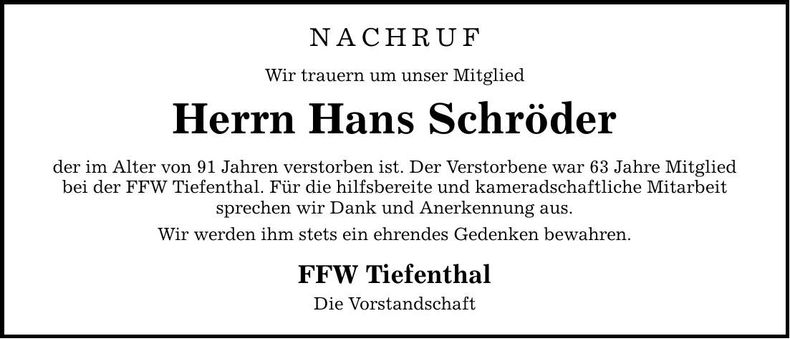 Traueranzeige Hans Schröder