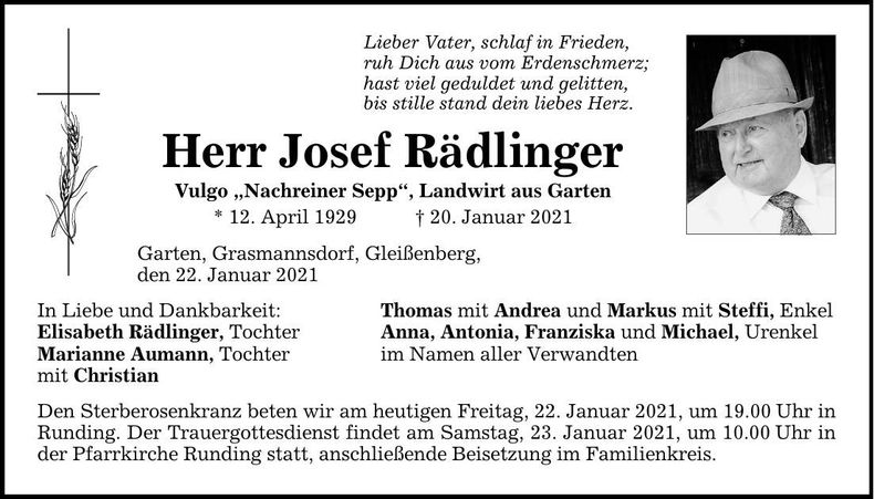 Traueranzeige Josef Rädlinger
