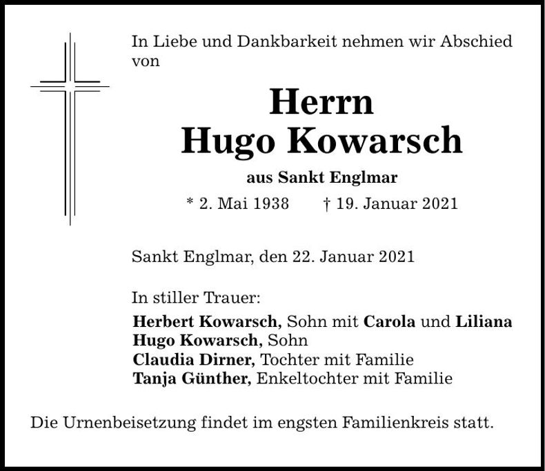 Traueranzeige Hugo Kowarsch