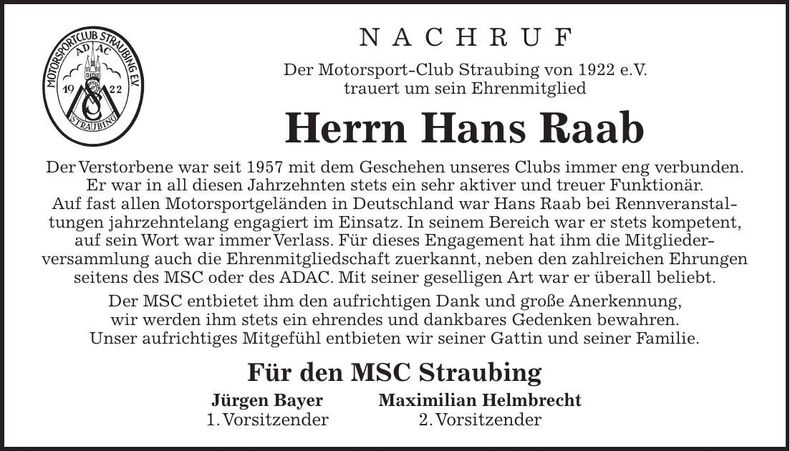 Traueranzeige Hans Raab