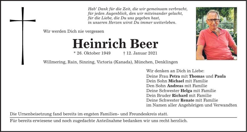 Traueranzeige Heinrich Beer