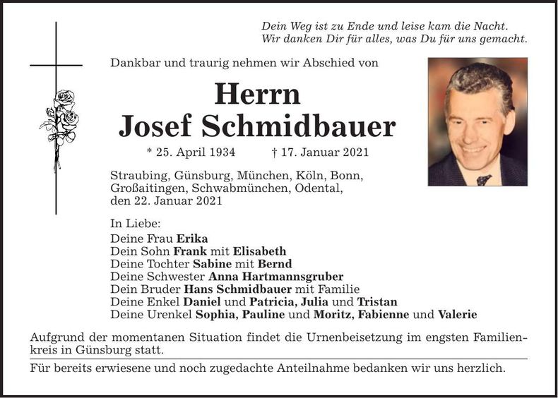 Traueranzeige Josef Schmidbauer