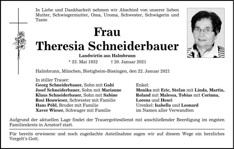 Traueranzeige Theresia Schneiderbauer