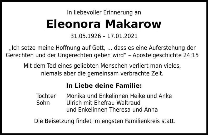 Traueranzeige Elenora Makarow