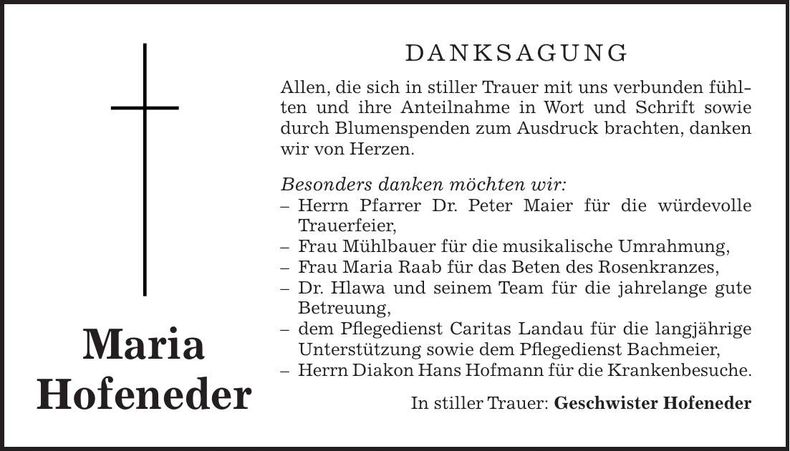 Traueranzeige Maria Hofeneder