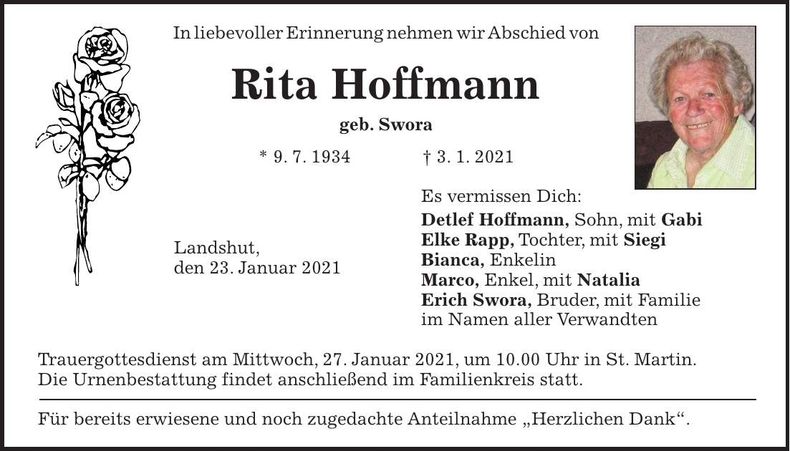 Traueranzeige Rita Hoffmann