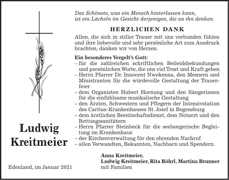 Traueranzeige Ludwig Kreitmeier