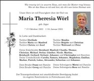 Traueranzeige Maria Theresia Wörl