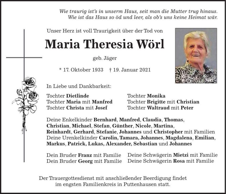 Traueranzeige Maria Theresia Wörl