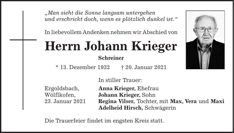 Traueranzeige Johann Krieger