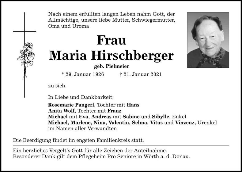Traueranzeige Maria Hirschberger