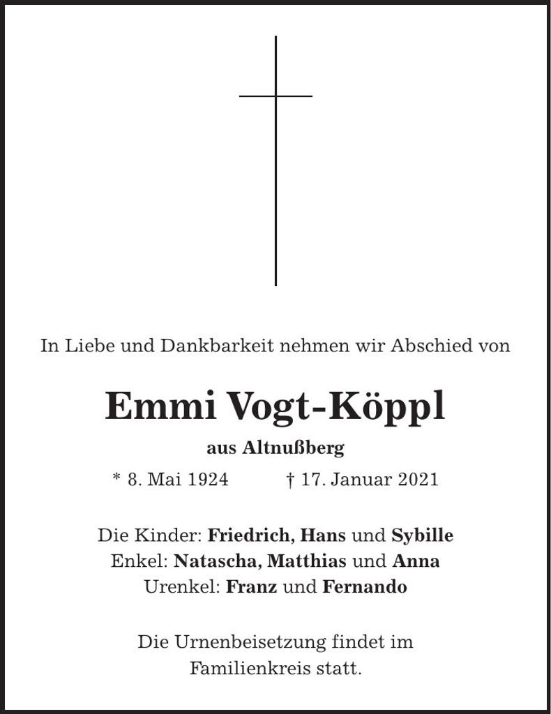 Traueranzeige Emmi Vogt-Köppl