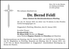 Traueranzeige Bernd Feldl
